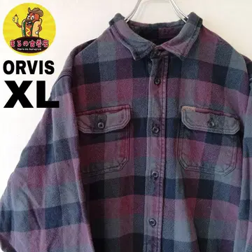 USA 구제 의류 ORVIS 헤비 플란넬 셔츠 XL 블랙 퍼플 체크
