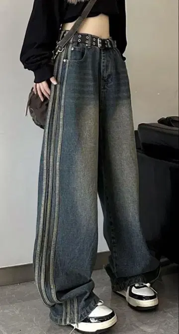 다크 블루 와이드 레그 데님 팬츠