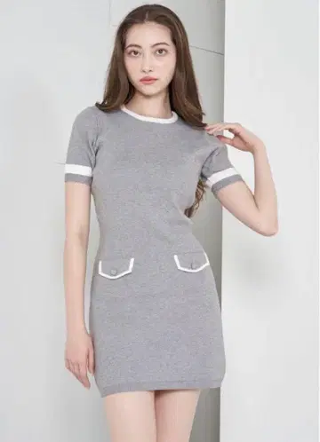 그레이 반팔 미니 원피스 포켓 부착