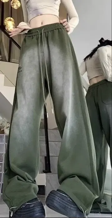 올리브 그린 와이드 레그 조거 팬츠