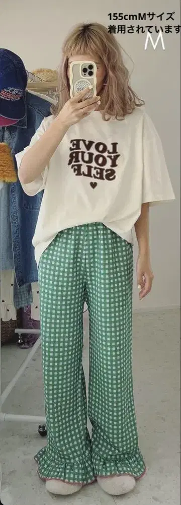 시마무라 ayano 콜라보 하트 밑단 프릴 팬츠 깅엄 밑단 프릴 팬츠 M