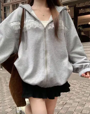 레이스 집업 후드티 그레이 캐주얼 스트릿 가을 걸리시