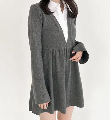 Heather 도킹 페플럼 원피스 그레이 V넥 긴팔