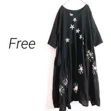 롱 플레어 원피스 Free 블랙 7부 소매 자수 빅 사이즈 태국제