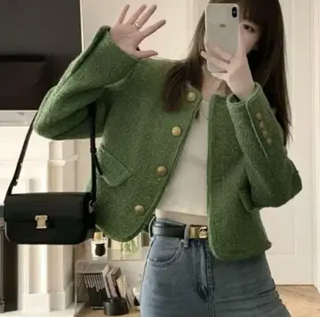 그린 노카라 자켓 트위드풍