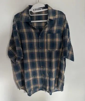 jeMMENER 블루 레트로 체크 무늬 반팔 셔츠