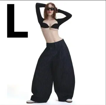 L 사이즈 PUSH PUSH 와이드 팬츠 블랙 스트라이프 데님