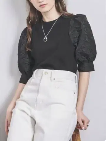 유나이티드 애로우즈 자카드 콤비 퍼프 슬리브 니트 블랙