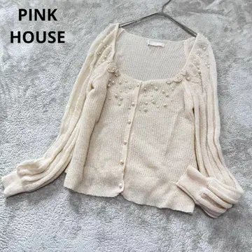 새상품급 핑크하우스 펄 플라워 모티브 복슬복슬 니트 가디건