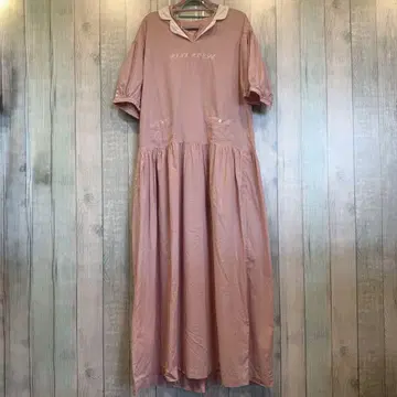핑크 카라 부착 롱 원피스 반팔