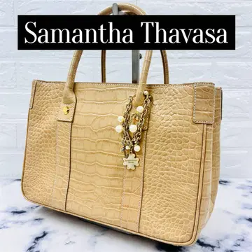 사만다 타바사 핸드백 가죽 악어 엠보싱 베이지 골드 참