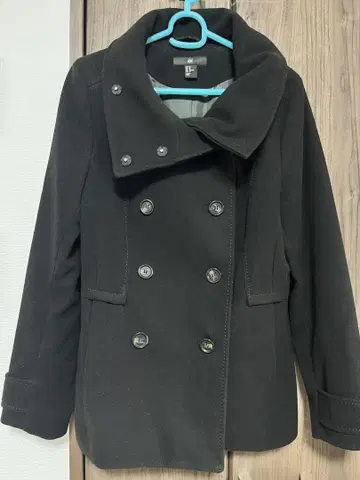 울 혼방 더블 브레스트 피 코트 블랙