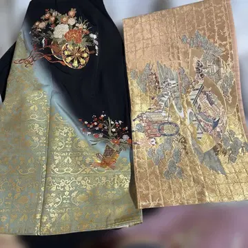 블랙 도메스틱 기모노 꽃무늬와 풍경 자수