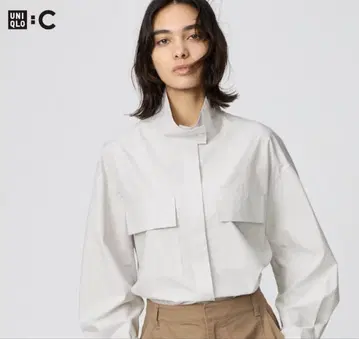 유니클로 C 코튼 스탠드 카라 셔츠 자켓 스트라이프 베이지