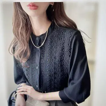 쉬폰 조젯 스탠드 카라 프론트 레이스 셔츠 M 사이즈 블랙