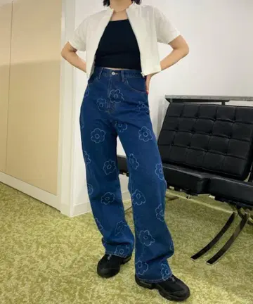 후즈후 갤러리 꽃무늬 빈티지 스타일 데님 팬츠 여성용 다크 네이비