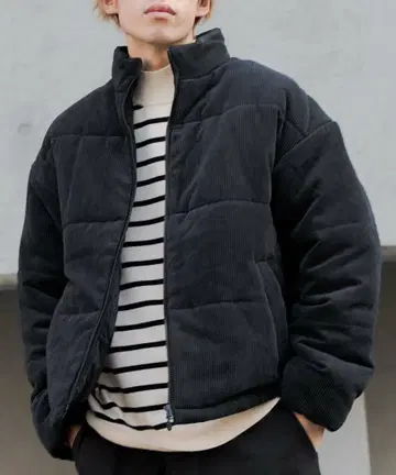 패딩 드로 코드 부착 블루종 코듀로이 다운 자켓