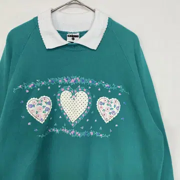 90s USA제 고퍼 스포츠 꽃 하트 무늬 카라 부착 맨투맨