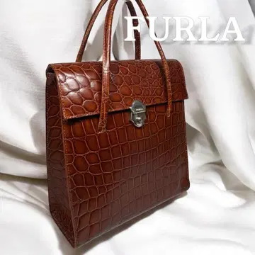 FURLA 브라운 크로커다일 패턴 세로형 토트백 금장 장식 락
