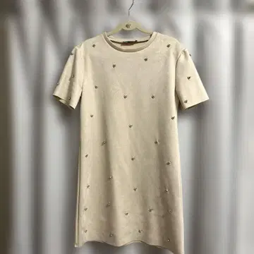 ZARA 비쥬 장식 핑크 베이지 반팔 미니 원피스