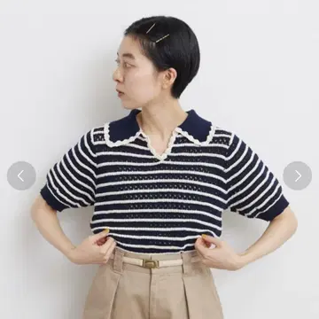 [ CHILD WOMAN ] 시스루 짜임 보더 니트 폴로