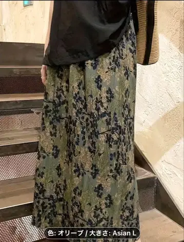 올리브색 꽃무늬 롱 스커트 Asian L