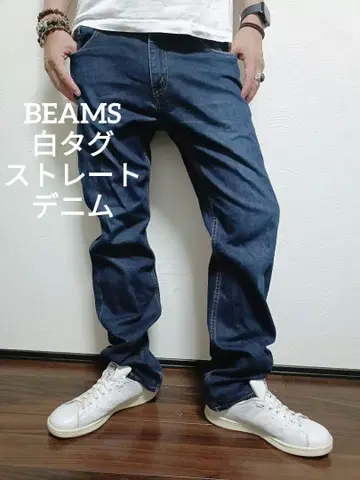 BEAMS 다크 블루 데님 스트레이트 팬츠 안감 체크 무늬