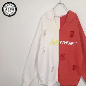 후드티 리메이크 데미지 가공 풀오버 자수 빨간색 화이트 투톤 컬러