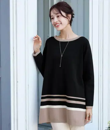 티어클라세 배색 니트 긴팔 튜닉 블랙 모카 겨울