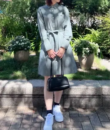 스트라이프 셔츠 원피스 긴팔 벨트 라코스테 그린
