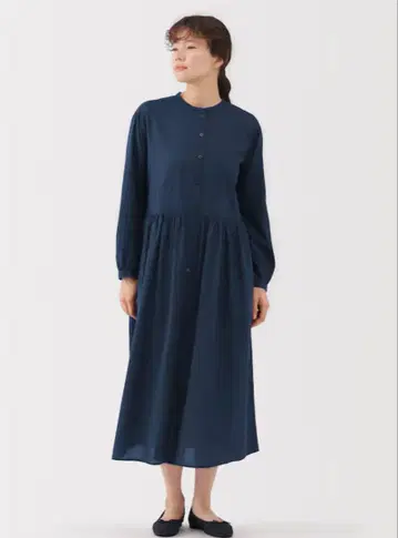 MUJI 면 보일 인디고 염색 긴팔 원피스