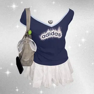 y2k 헤이세이 갸루 잘록한 허리 adidas 로고 라메 티셔츠 네이비
