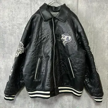grunge archive 인조 가죽 블루종 용 자수 충전솜 블랙 Y2K