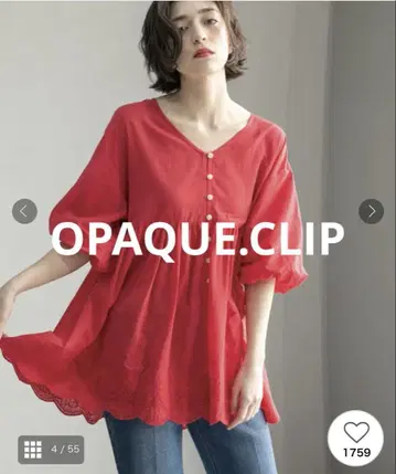 OPAQUE.CLIP 벌룬 소매 스캘럽 자수 레이스 튜닉 빨간색