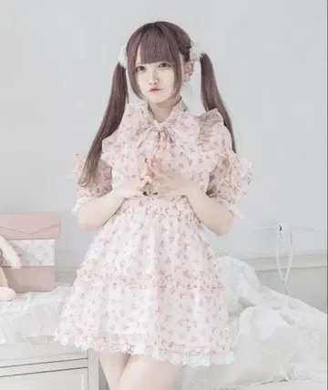 Pal elfy 꽃무늬 보타이 플레어 원피스 핑크
