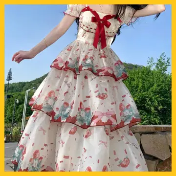 딸기 패턴 반팔 리본 프릴 롱 원피스