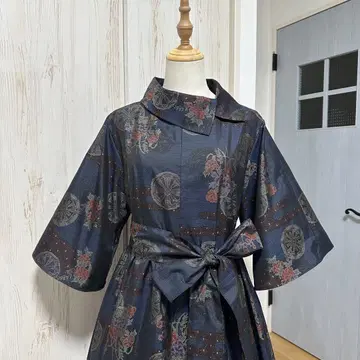 기모노 리메이크 본고장 오시마 명주 롤 칼라 원피스 (L)