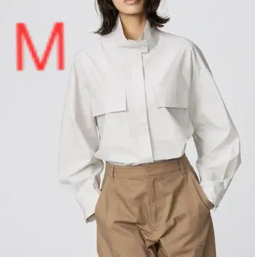 유니클로C 코튼 스탠드 카라 셔츠 자켓 스트라이프 베이지