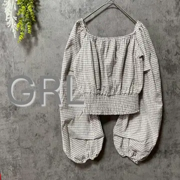 그레일 체크 무늬 오프숄더 블라우스 개더 셔링 M