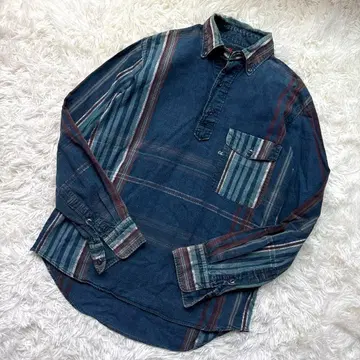 45RPM 인디고 염색 풀오버 셔츠 하프 버튼 R 자수 남색 다크 네이비