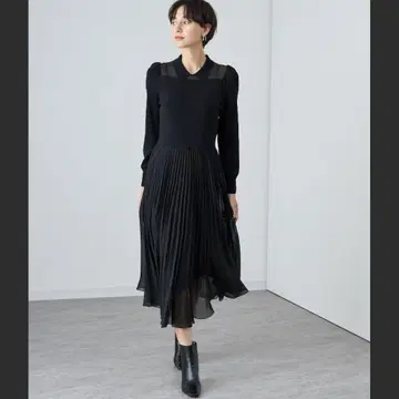 아나이 카라 부착 플리츠 도킹 원피스