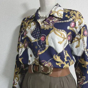 레트로 빈티지 유러피안 무늬 스카프 패턴 네이비, 멀티 컬러 L