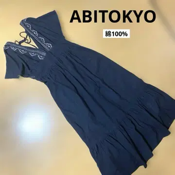 ABITOKYO 면 100% 자수 롱 원피스 에스닉 블랙