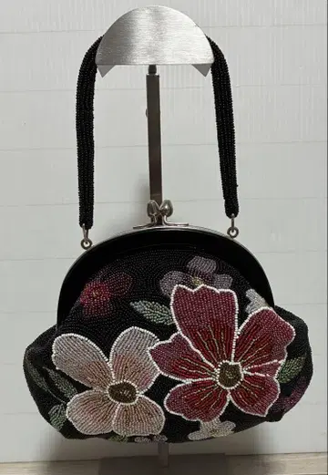총 비즈 백 일본 의류 가마구치 빈티지 쇼와 레트로 꽃무늬 자수