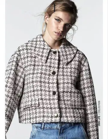 ZARA 자라 트위드 자켓 숏 기장 체크 무늬