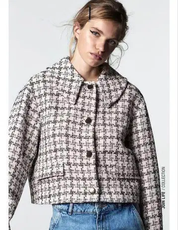 ZARA 자라 트위드 자켓 숏 기장 체크 무늬