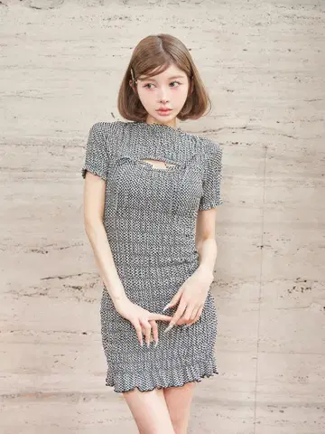 Darich 리본 셔링 깅엄 미니 원피스