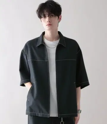 블랙 숏 슬리브 셔츠 스티치 셔츠 RAGEBLUE