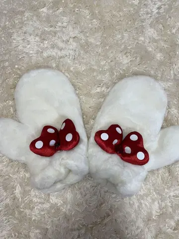 디즈니 미니 리본 포함 퍼 장갑 화이트 겨울 성인용