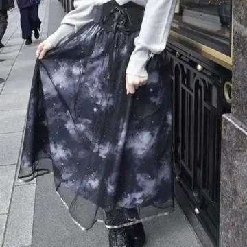 axes femme 망원경 프린트 플레어 스커트 레이스업 별하늘